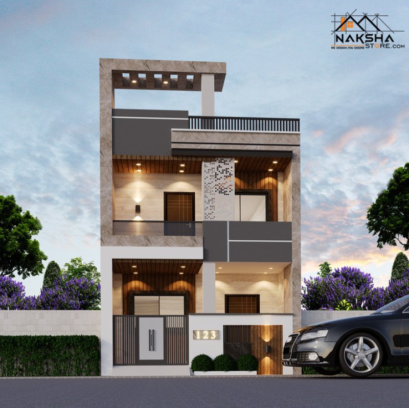 15×45 Modern 3D House Elevation Design in India | Contemporary Home – Naksha Store